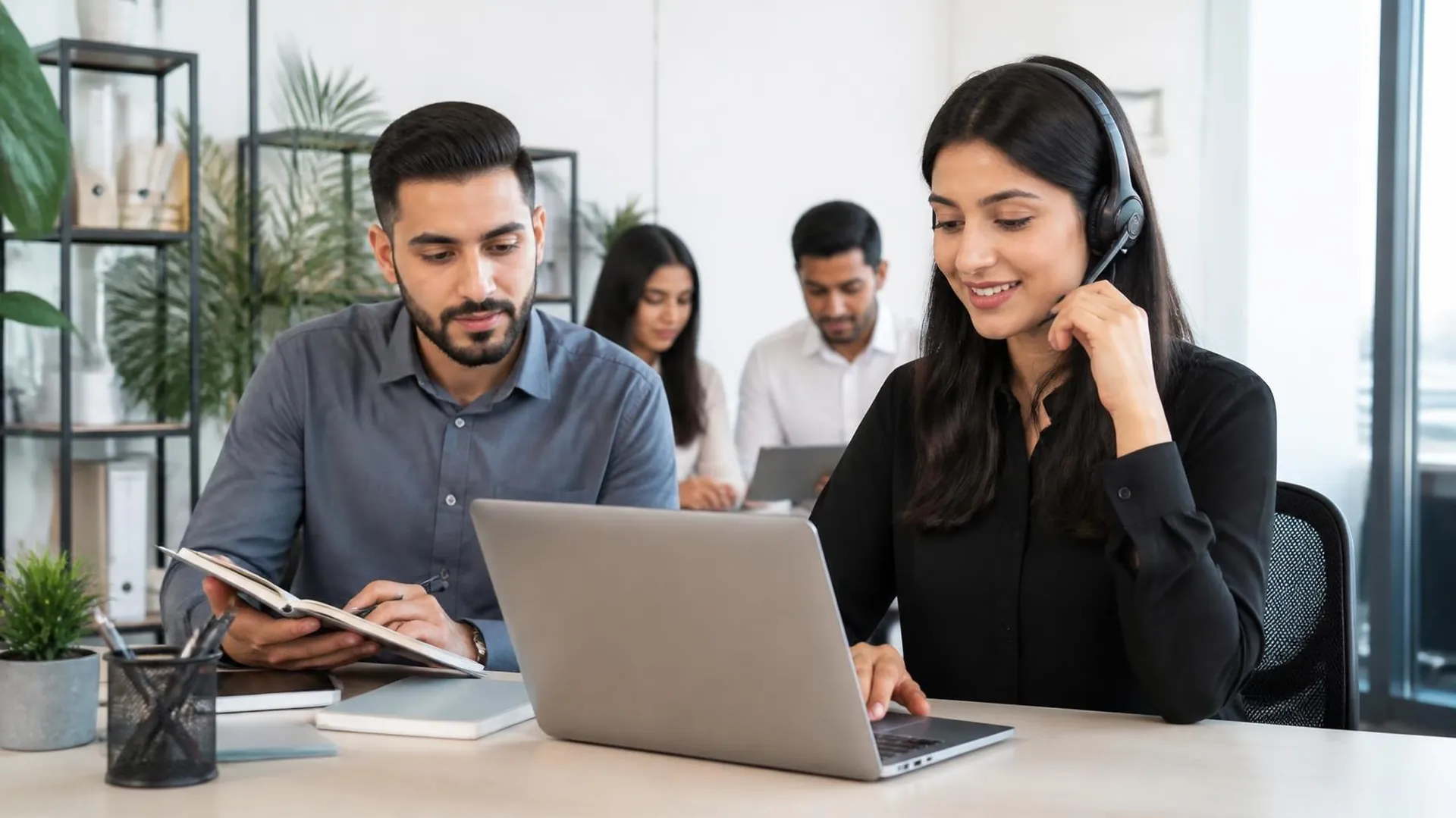 Small business owner using headset for AI-assisted calling workflow