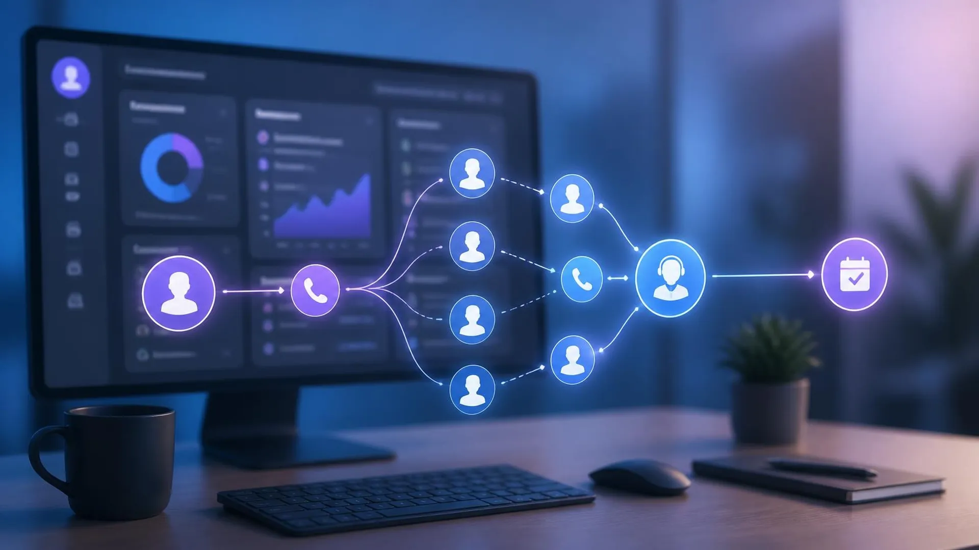 Abstract CRM dashboard and AI call flow connecting leads to bookings